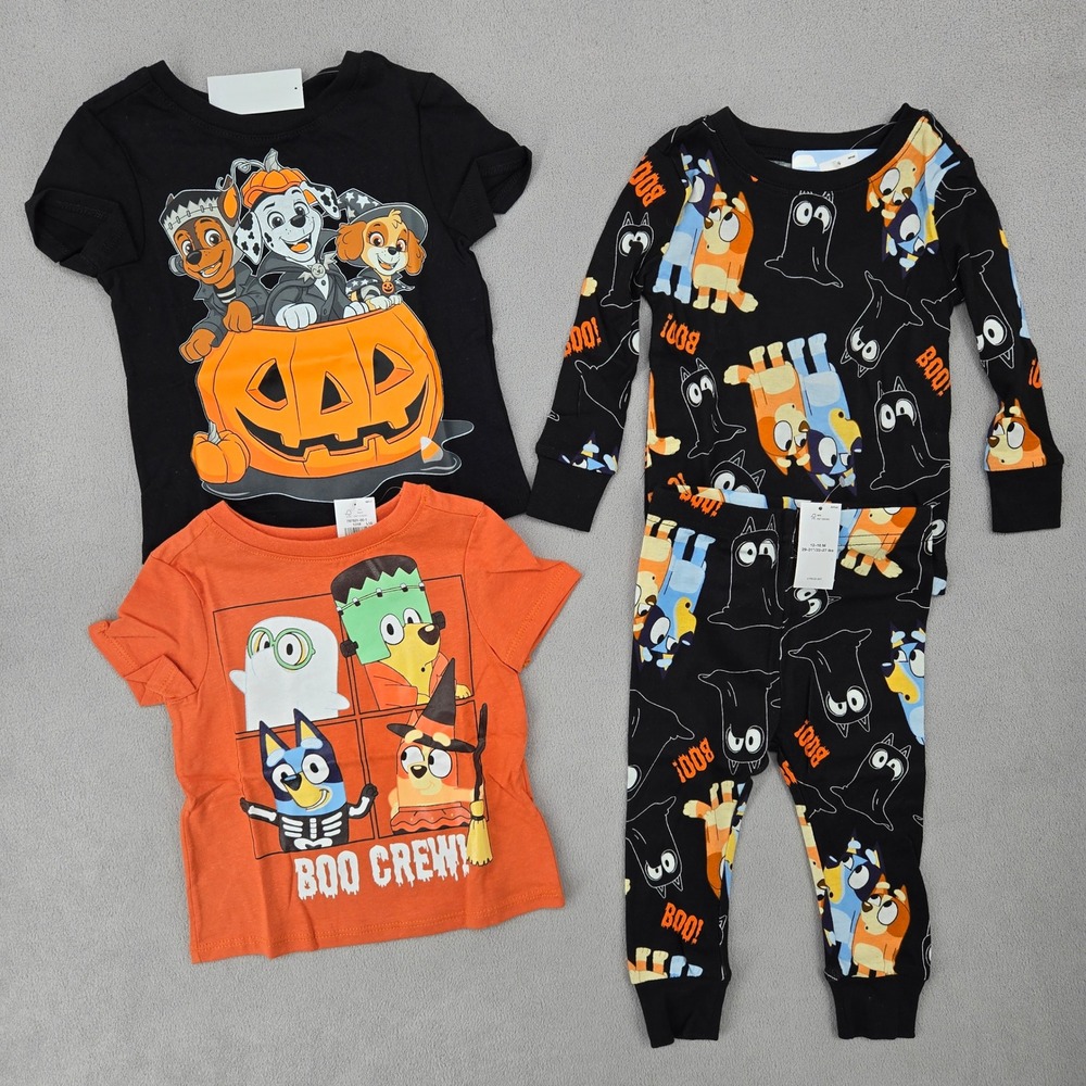 Bluey & Paw Patrol NEW 12-18M Halloween Pajamas & Boo Crew T-Shirt Set Spooky